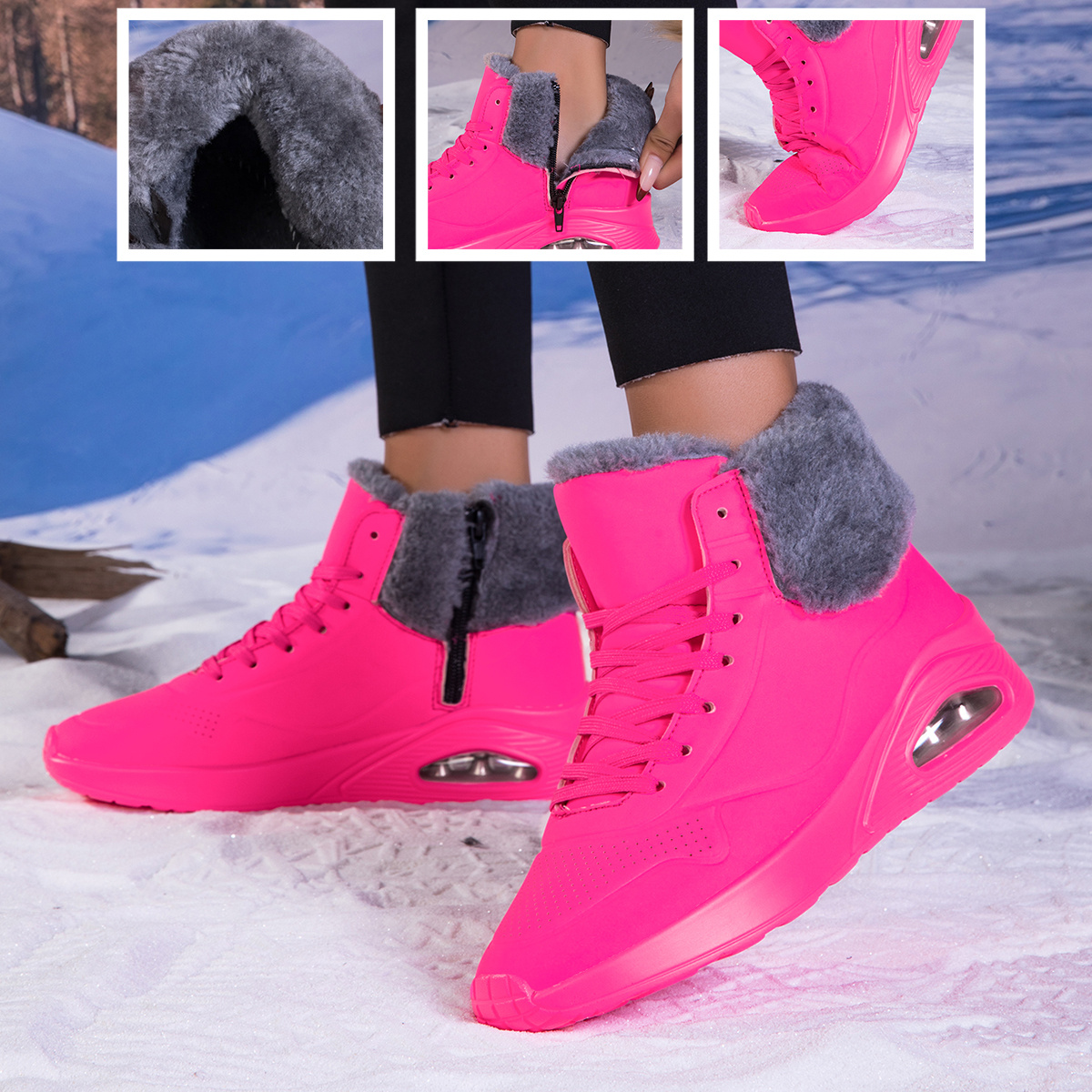 Image of Women's Thick Plush Lined Wedge Snow Ankle Boots, Windproof Smooth Polished Surface, Shock-absorbing Cushion Midsole, Dual Zip-lace Closure, Warm Shoes For , Household , Cold , Contoured P