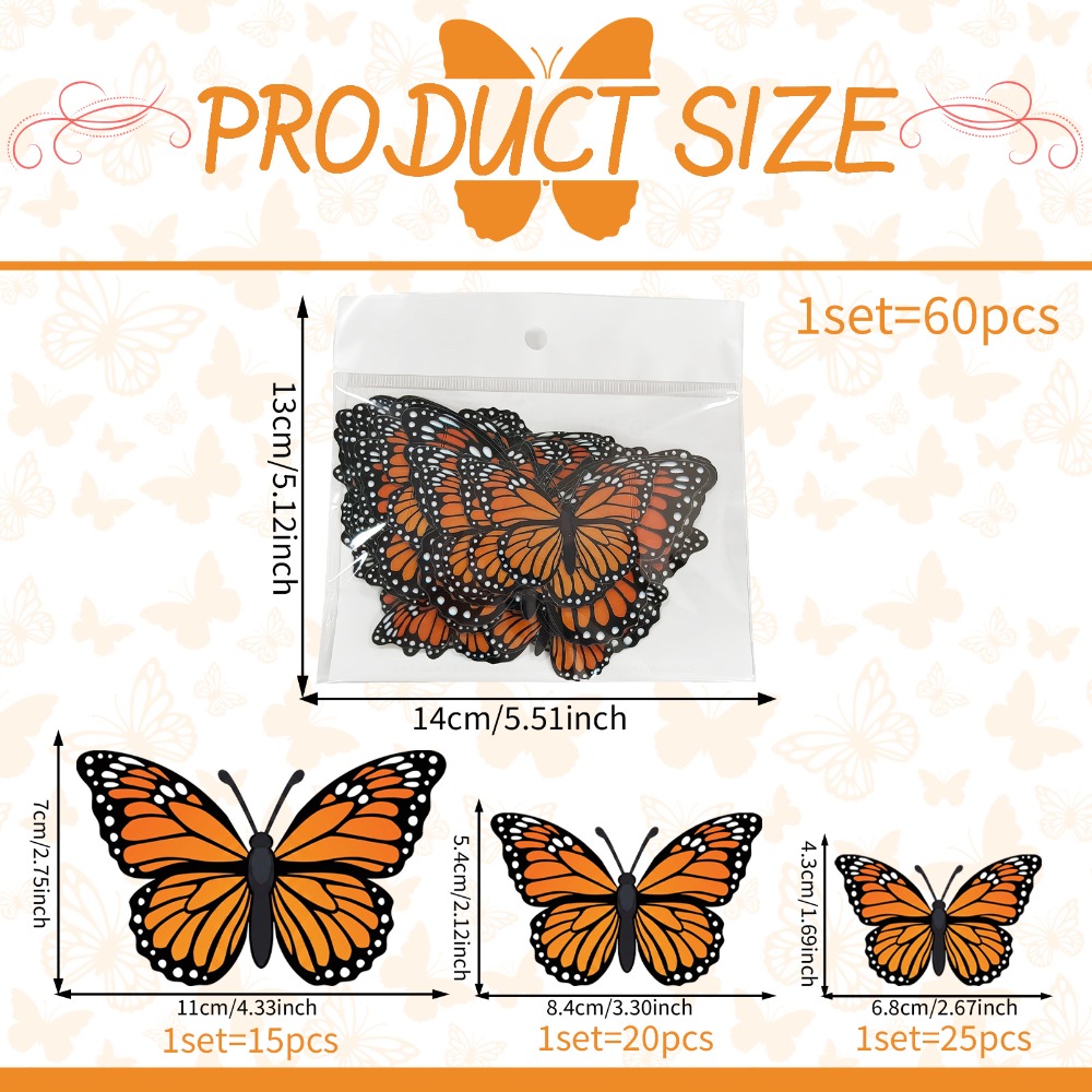 TEMU 1 Set Contains 60pcs, Self-adhesive Simulated 3d Monarch Wall Stickers, Multiple Sizes, Removable Without Damaging Walls And Glass, Decorations