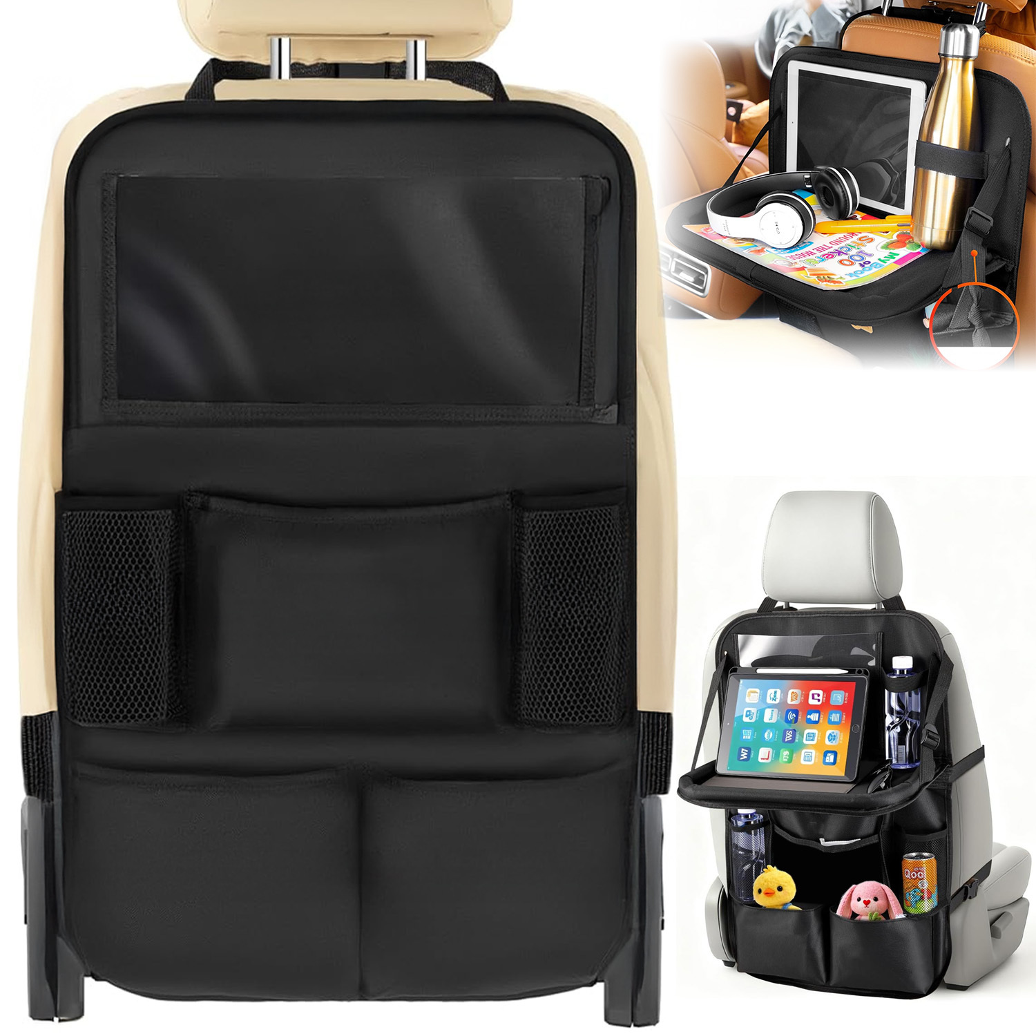 Image of Foldable Tray Car Seat Back Organizer, Multi-pocket Storage Design, Universal Car Backseat Storage Bag For Road Trips And Daily Driving