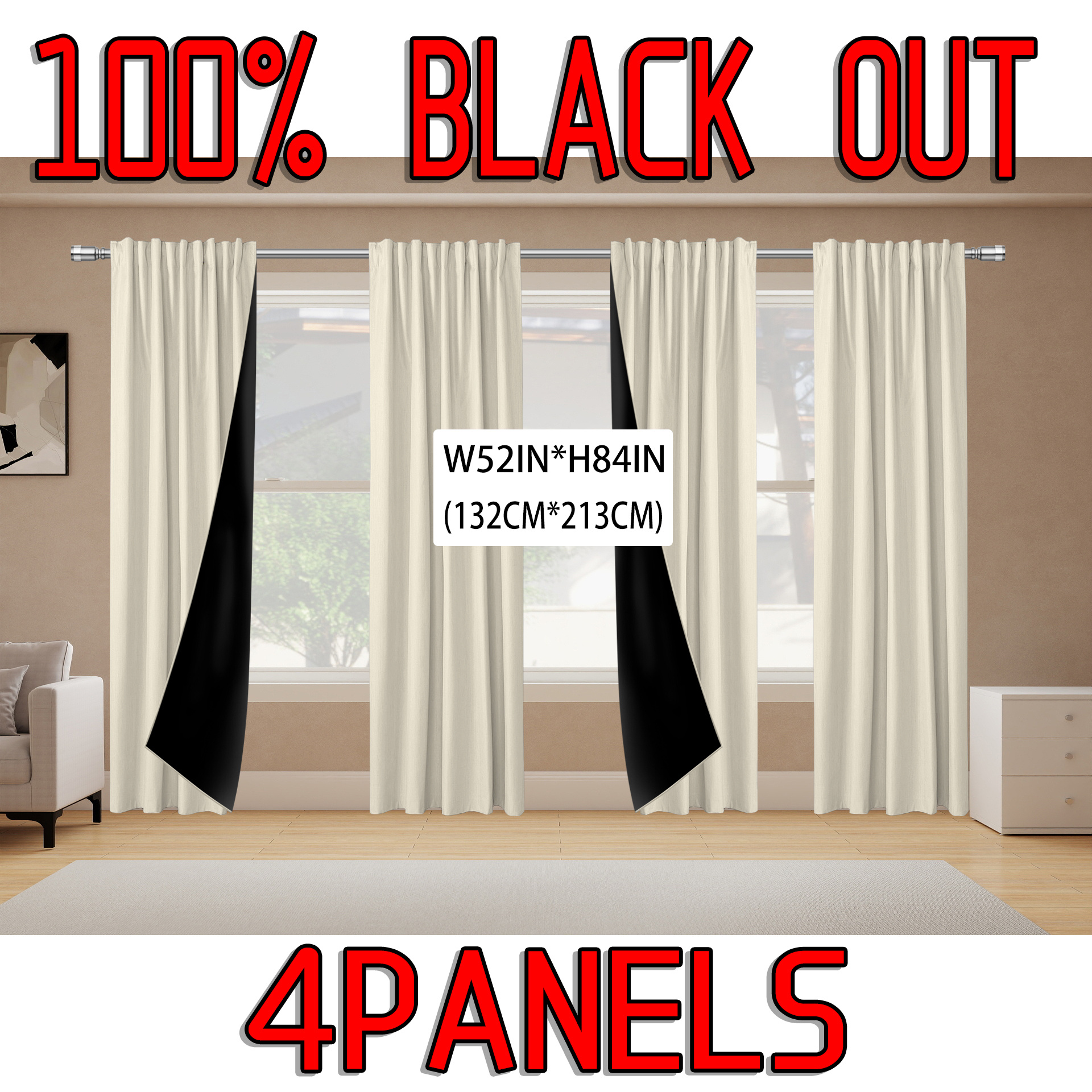 TEMU Ensemble de 4 panneaux, Rideaux occultants 100 % en avec dos laminé, réducteurs de bruit, isolants phoniques et thermiques. Suspension par