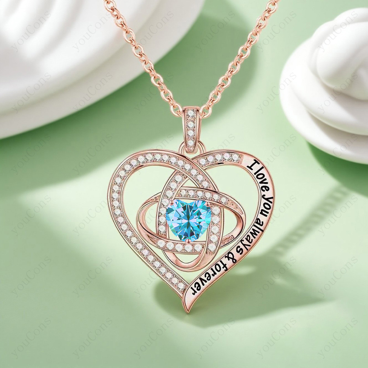Women's Delicate Light Blue Synthetic Zirconia Heart-Shaped Pendant Necklace, Gift Box Included