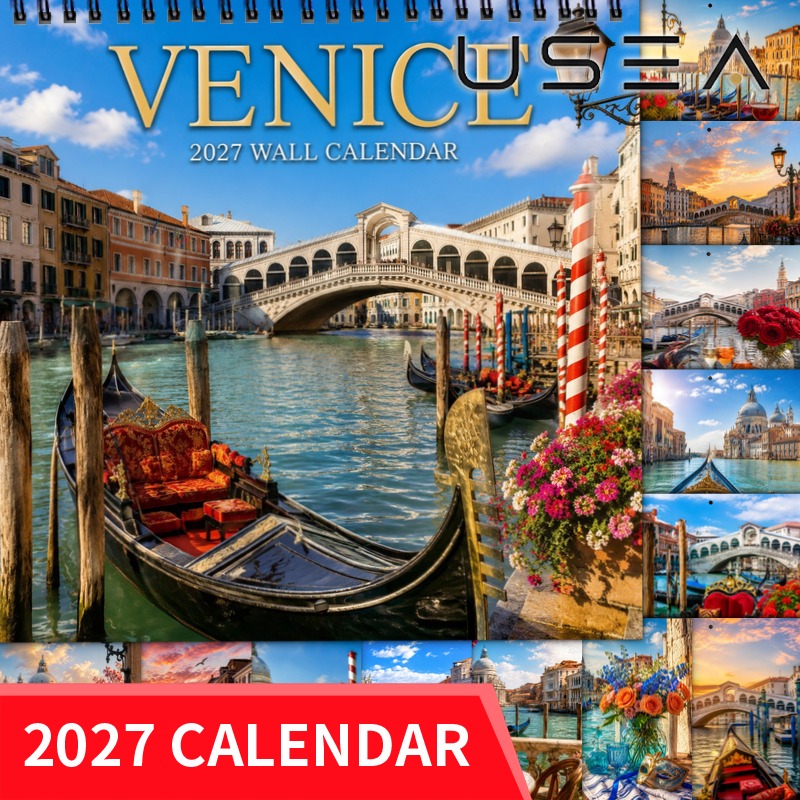 TEMU Calendrier mural Venise 2027 - Calendrier mural annuel de 12 mois avec reliure spirale à double fil métallique, agenda mensuel esthétique carré