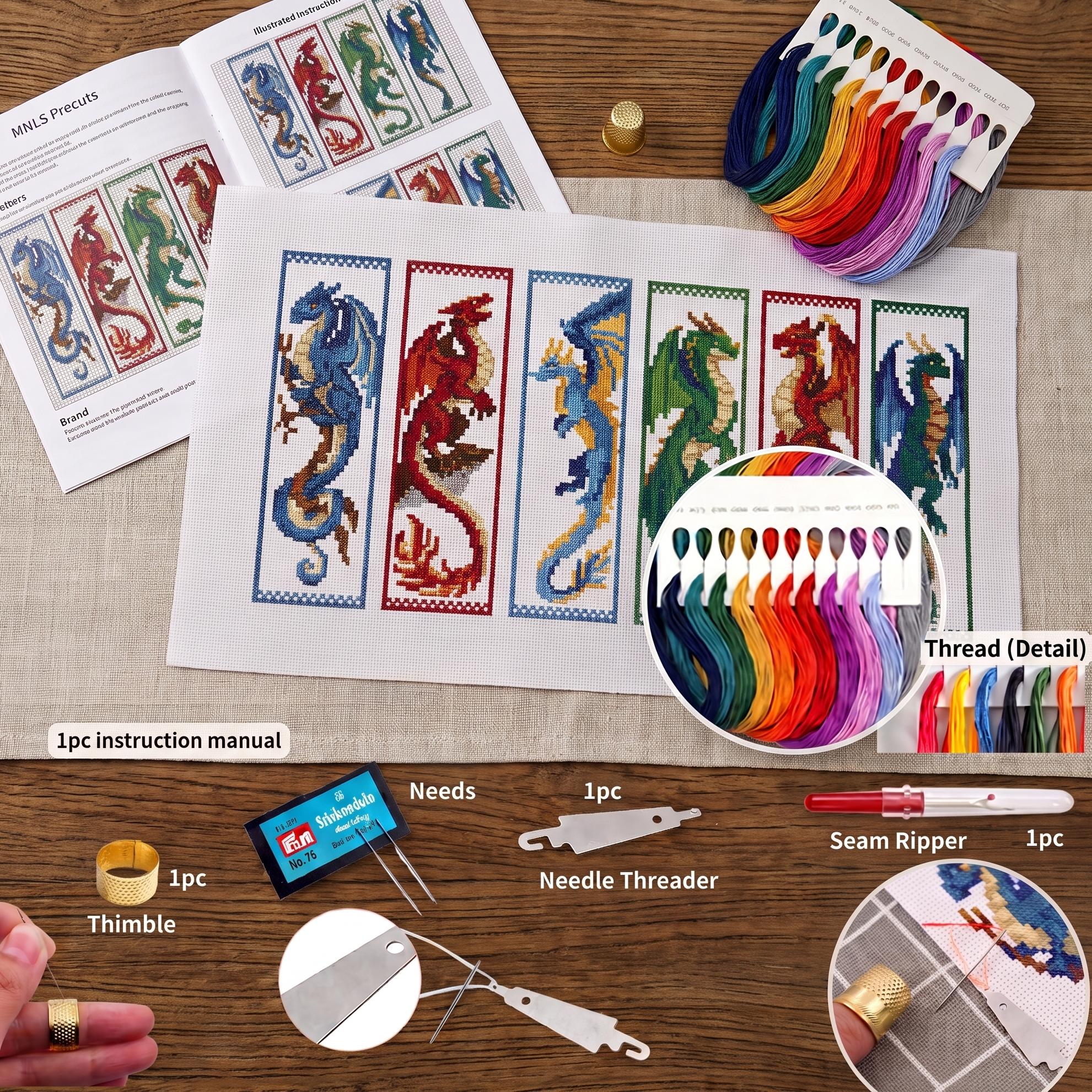 TEMU Cross Stitch Bookmark Kit: 6pcs Bookmark Cross Stitch, , Suitable For Beginners, Random Tool Colors, Suitable For Multiple Family , Fun, Dragon