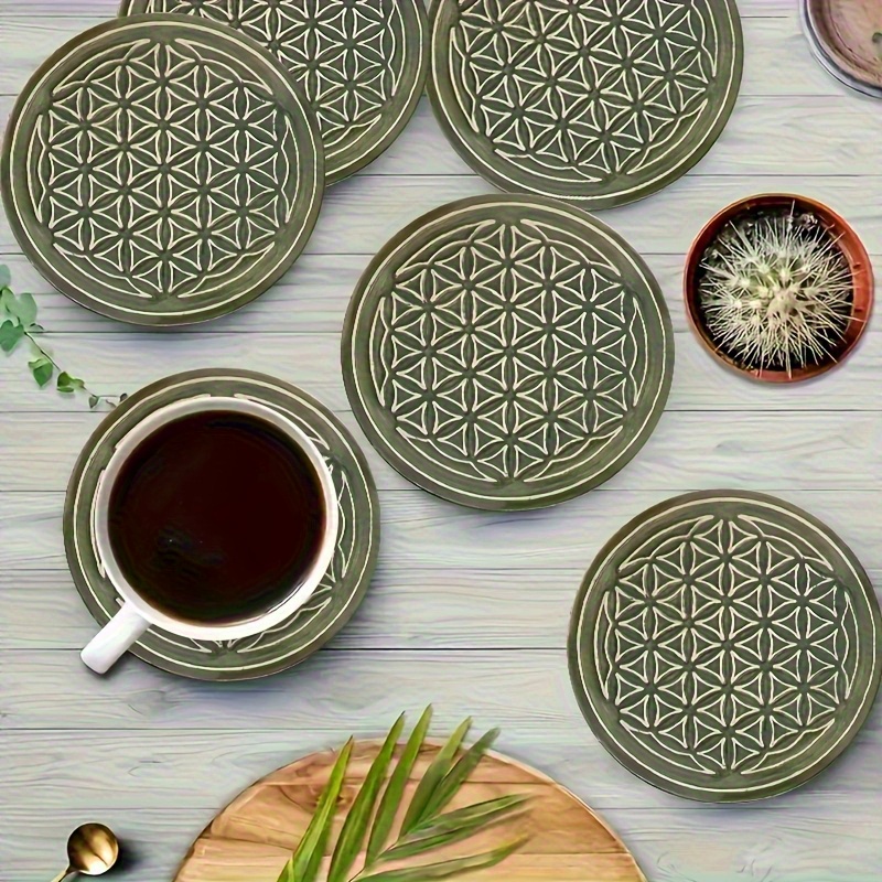 TEMU 6pcs Wood Coaster Set Suitable For Halloween & Christmas Decor - Non-slip Heat-resistant Table Protectors With Wood Grain Coasters, Suitable For