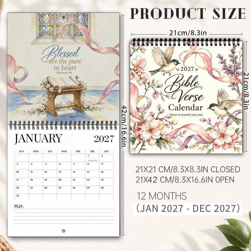 TEMU Bible Verses 2027 Wall Calendar 12-month Spiral Bound Hanging Calendar With Scripture Messages Soft Pink Blossoms Spacious Writing Blocks