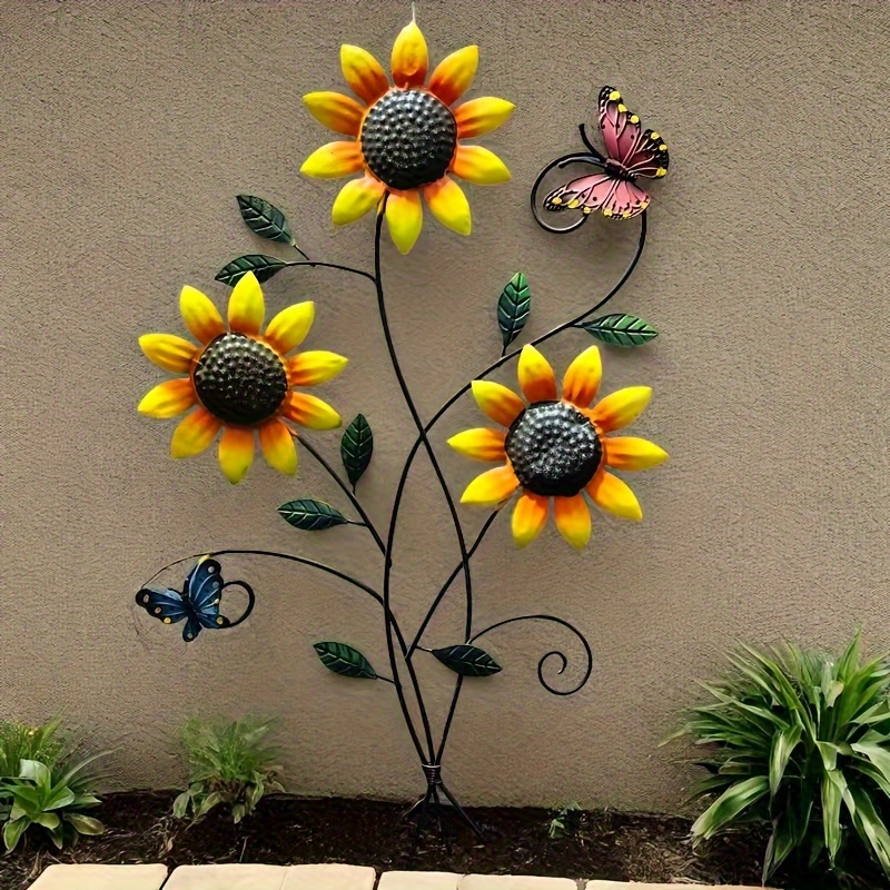 1 Stück Metall-Sonnenblumen-Schmetterling Wanddekoration, Eisenmaterial Kunsthandwerk, Schmetterlings- und Sonnenblumendesign für Wohnzimmer & Außenbereich, farbenfrohe 2D-Metallwanddeko, flache
