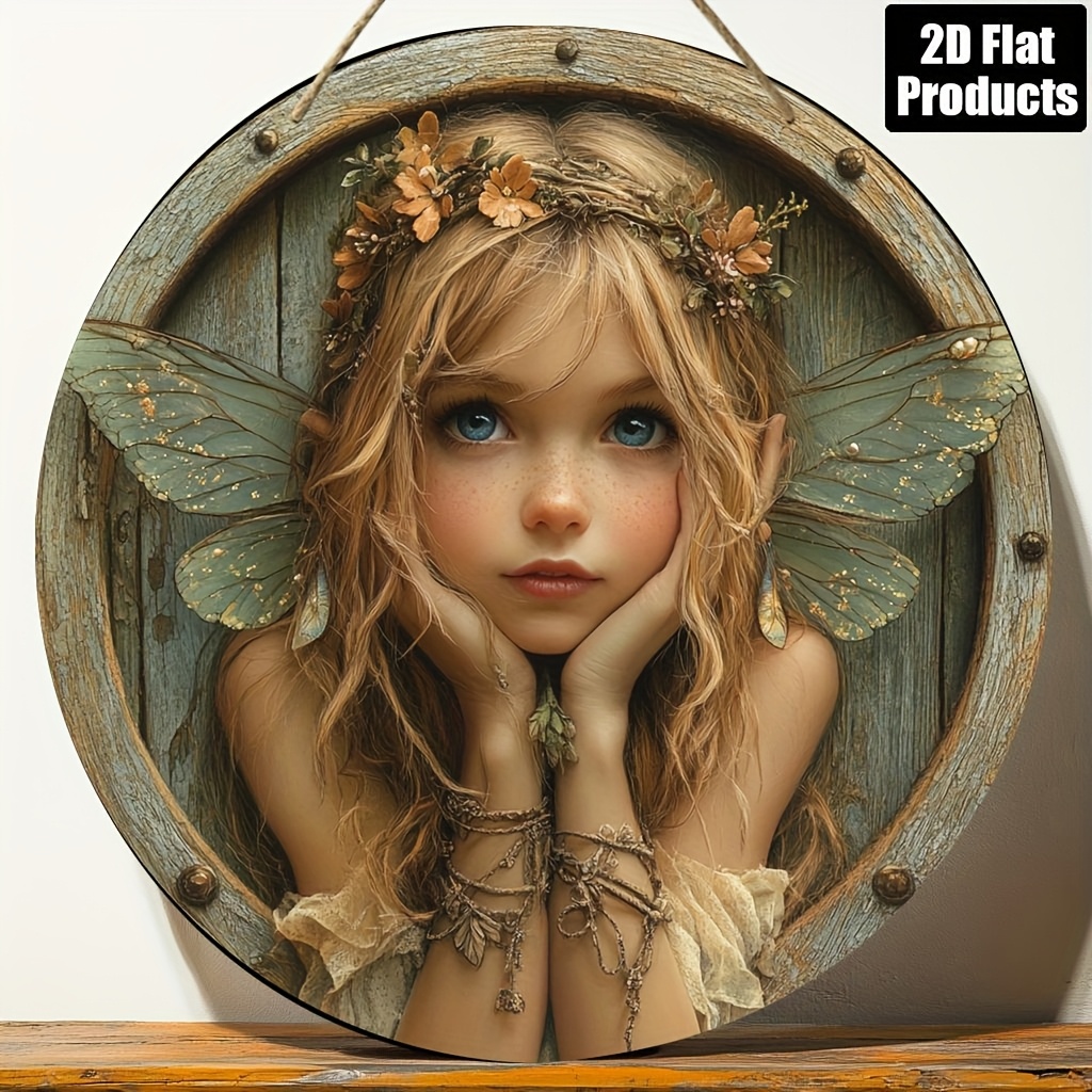 TEMU Pendentif en bois artificiel plat 2D, décoration de planche en bois circulaire, thème d'art mural féérique magique, convient pour décoration de
