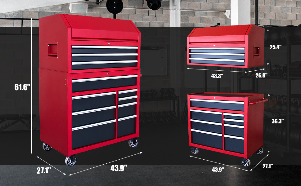w x 24 5   heavy duty rolling tool chests and cabinets combo 20 gauge steel 11 drawer garage workshop tool chest and   cabinet set 11 drawers red black Product details 4