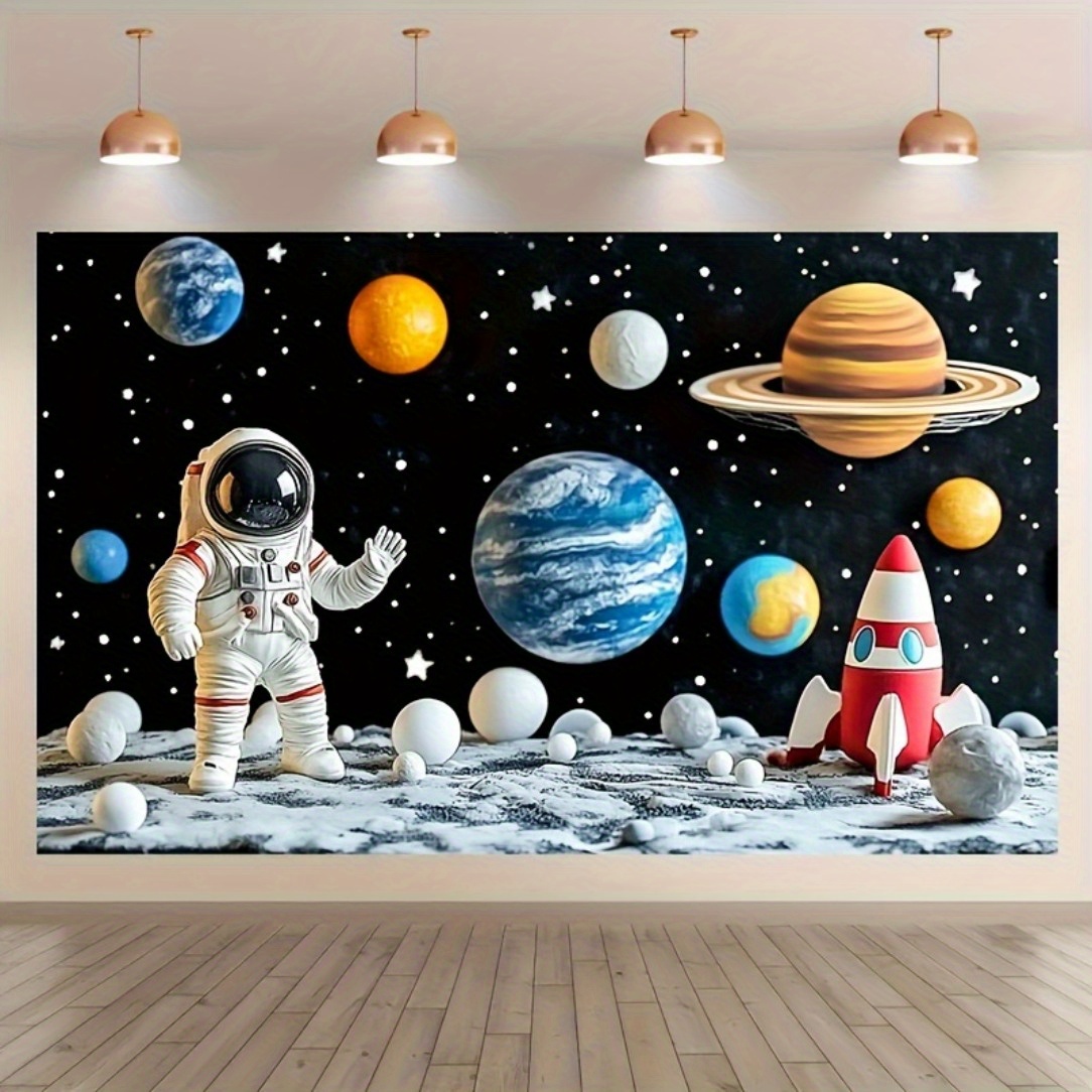 

1pc Space & Polyester Backdrop, 43.3x70.8inch, No Electricity Needed, Outer Space Themed Party Decoration, Rocket & Stars Banner For Birthday & Celebrations