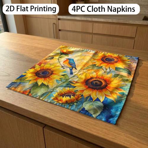 2d flat printing 4pcs cloth napkins with watercolor sunflower bluebird warm fabric napkins minimalist and stylish perfect decorations for restaurants weddings party events ideal gifts for