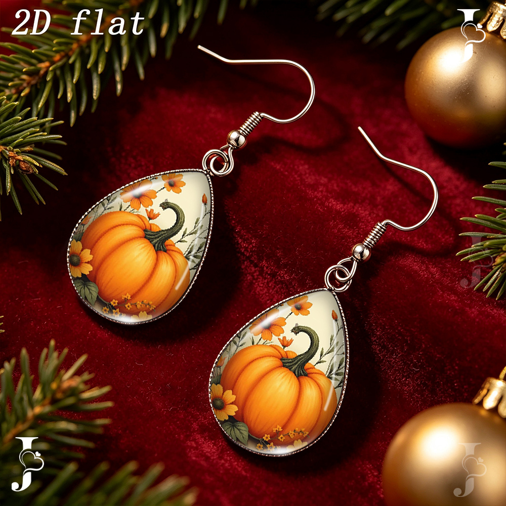 2D Flat Teardrop Dangle Earrings with Autumn Pumpkin Pattern