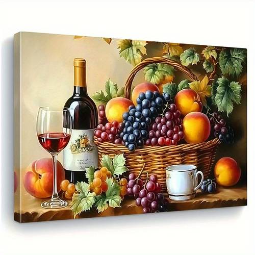 2d flat the product is a 2d flat artwork not 3d with a horizontal wooden is a framed painting featuring still life depicting red wine and fruit this vintage style wall decor is suitable for kitchens dining rooms