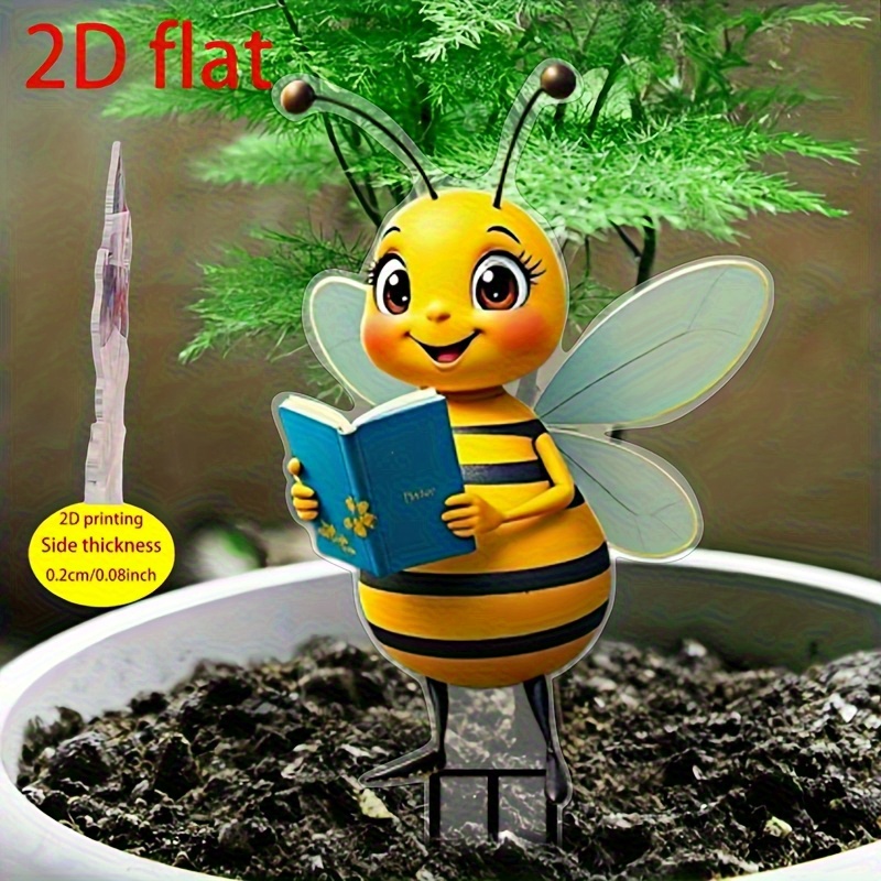 TEMU 2d Flat - 【2d Flat】 2d Flat, Acrylic Cute Reading Bee Garden Decoration Stake, Suitable For Flower Pots, Courtyards, Gardens, Outdoor Ground