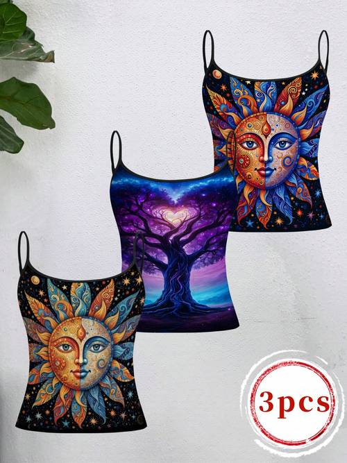 item picture 3pcs womens thin strap camisole tops starry of life vintage print fit cropped hot sleeveless undershirt tops