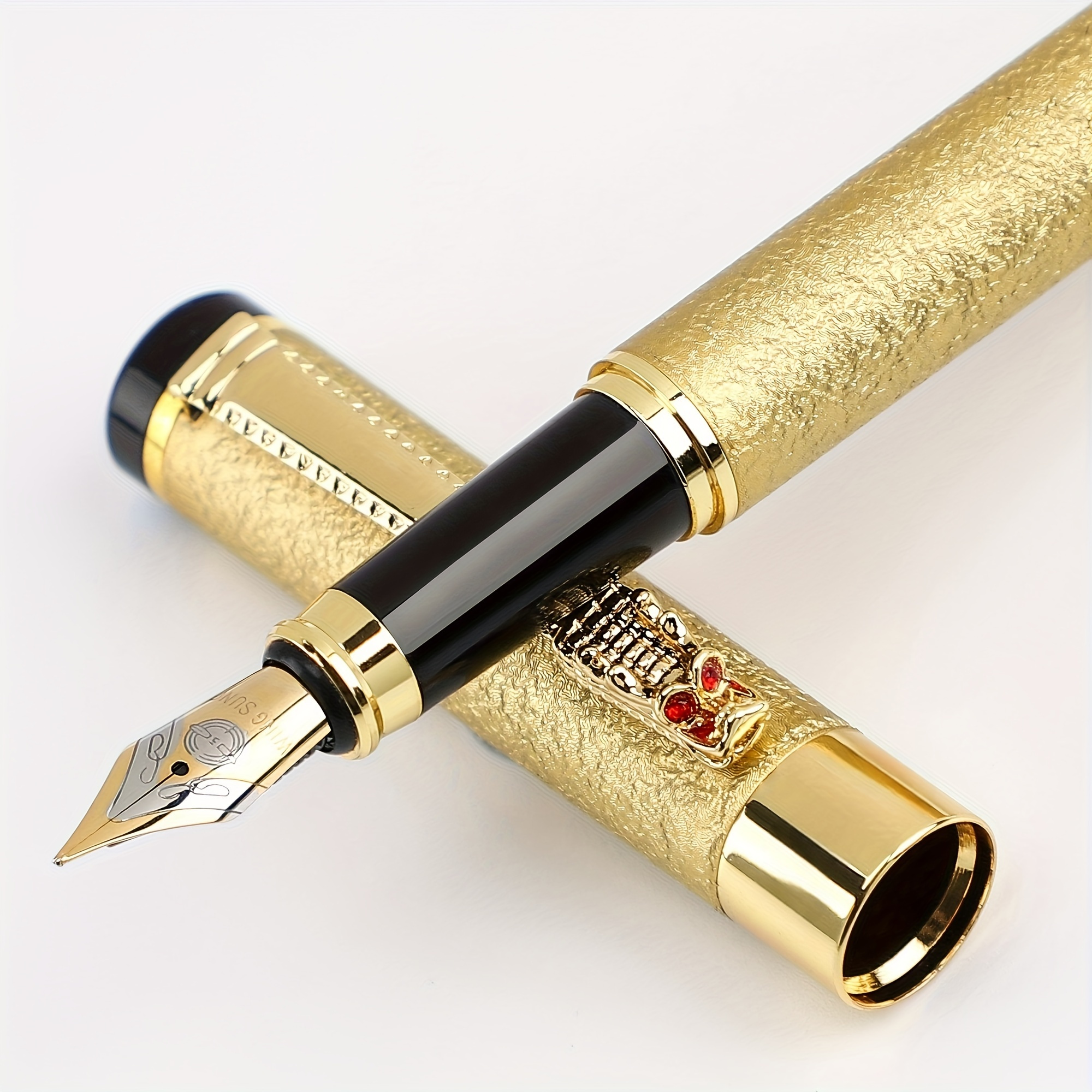 

1pc Luxury Golden & Black Marbled Metal Fountain Pen With , Ergonomic 0.5mm Iridium Nib For Elegant Business & Calligraphy Practice, Cap