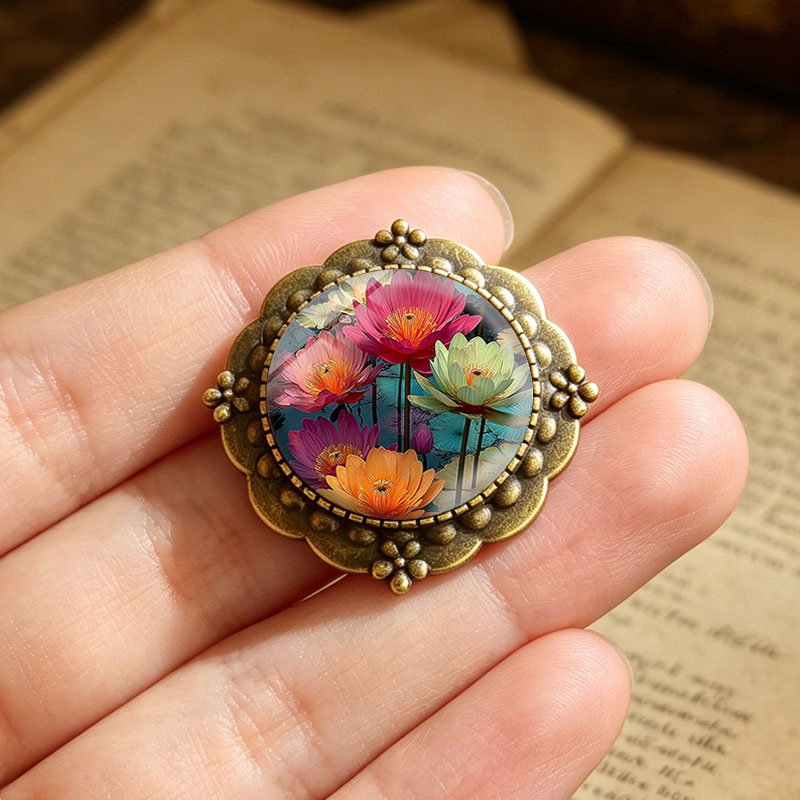 Colorful Water Lily Round Glass Flower Brooch, Fashion Accessory
