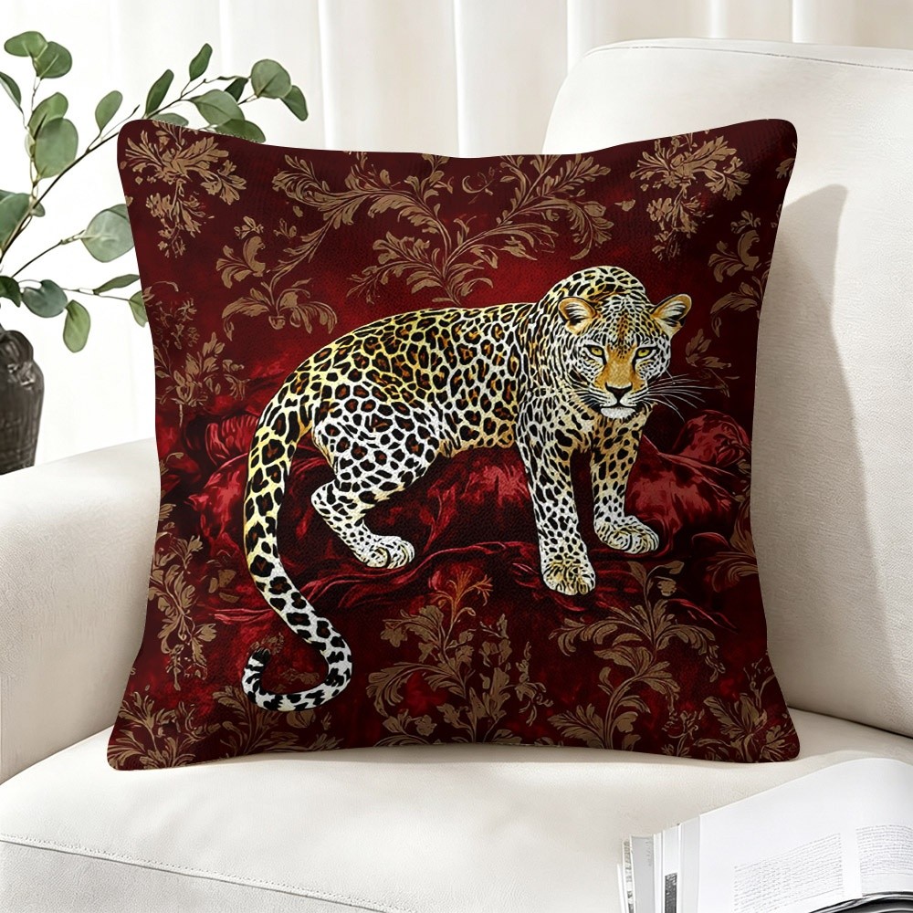 TEMU 1pc 2d Flat - Printed Luxurious Vintage - Style Pillow Cover: Alert Spotted Leopard With Tail On Background, With Intricate & Floral Patterns,