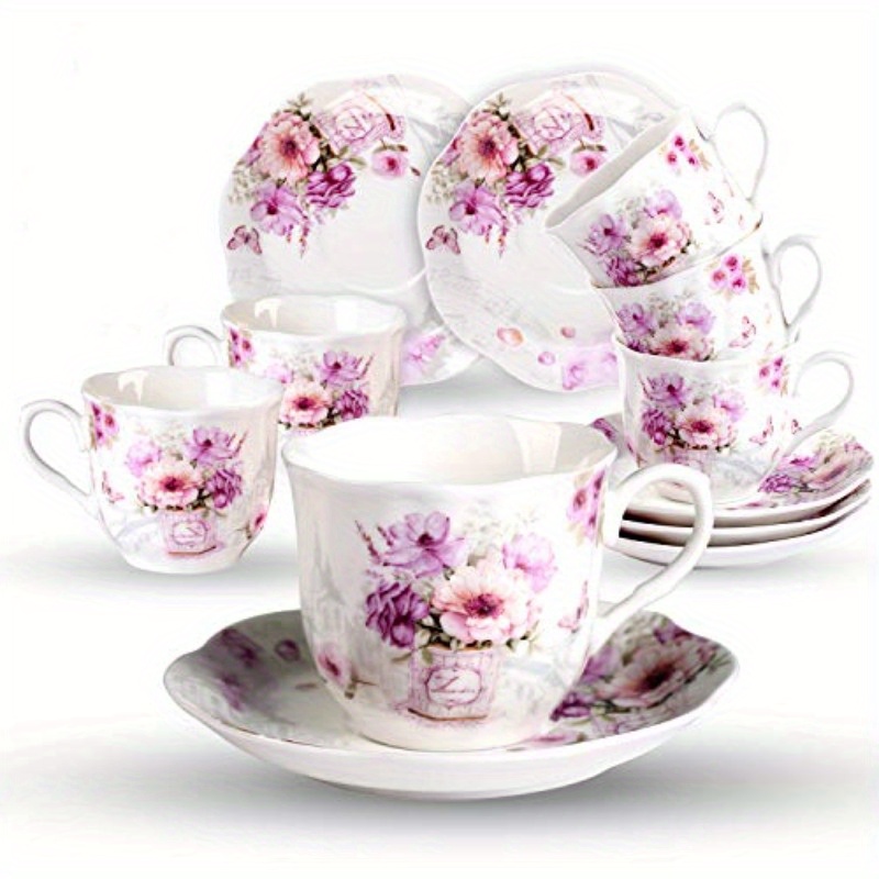 elegant floral porcelain tea cups and saucers set of 6 7oz pink and purple flowers microwave dishwasher safe ideal gift for   tea cup set Product details 0