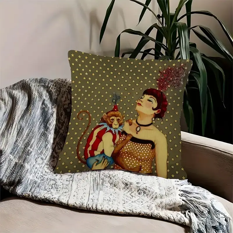 1pc retro style abstract animal print plush pillowcase, double-sided design, hand wash only, zipper closure, polyester fiber, bedroom, sofa, living room, car decorative cushion cover- 18x18 inches(no insert), decorative pillow, elegant woman & monkey portrait , -century decor Product details 2