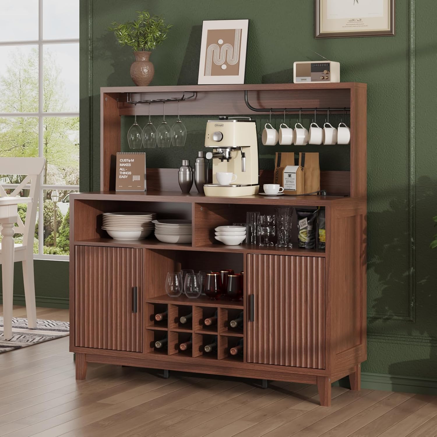 Modern Walnut Fluted Buffet Cabinet with Wine Rack, Cup Holder & Built-in Outlet, High-Quality Coffee Bar Cabinet for Kitchen, Dining Room, or Living Room, Elegant Liquor Storage Sideboard, Perfect Holiday or Christmas Gift for Home Entertaining