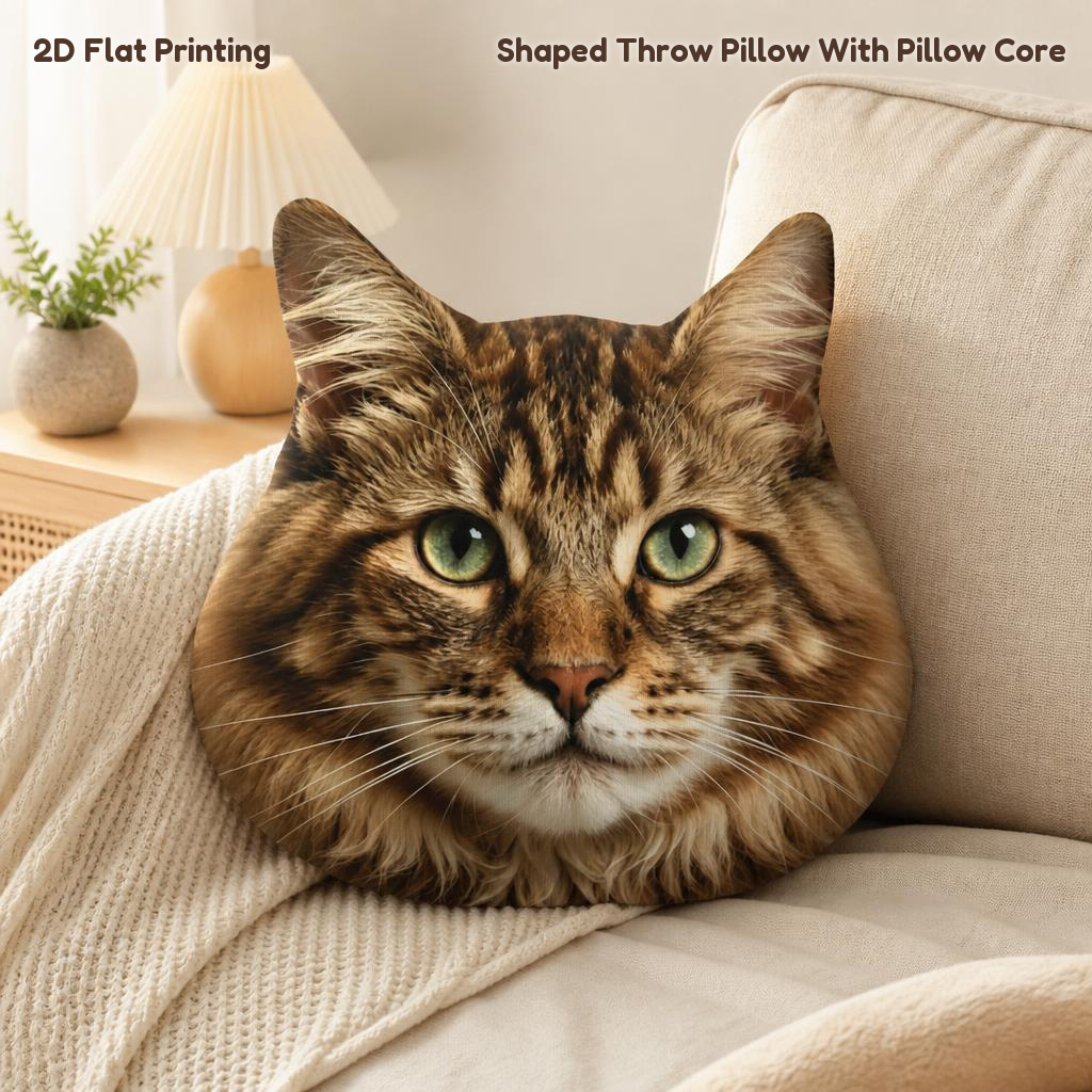 TEMU . Majestätisches Maine Coon Katzen Gesicht Nahansicht 2D Flachdruck Geformtes Stofftier Kissen Deko Kissen für Geschenk Schlafzimmer Sofa Zimmer