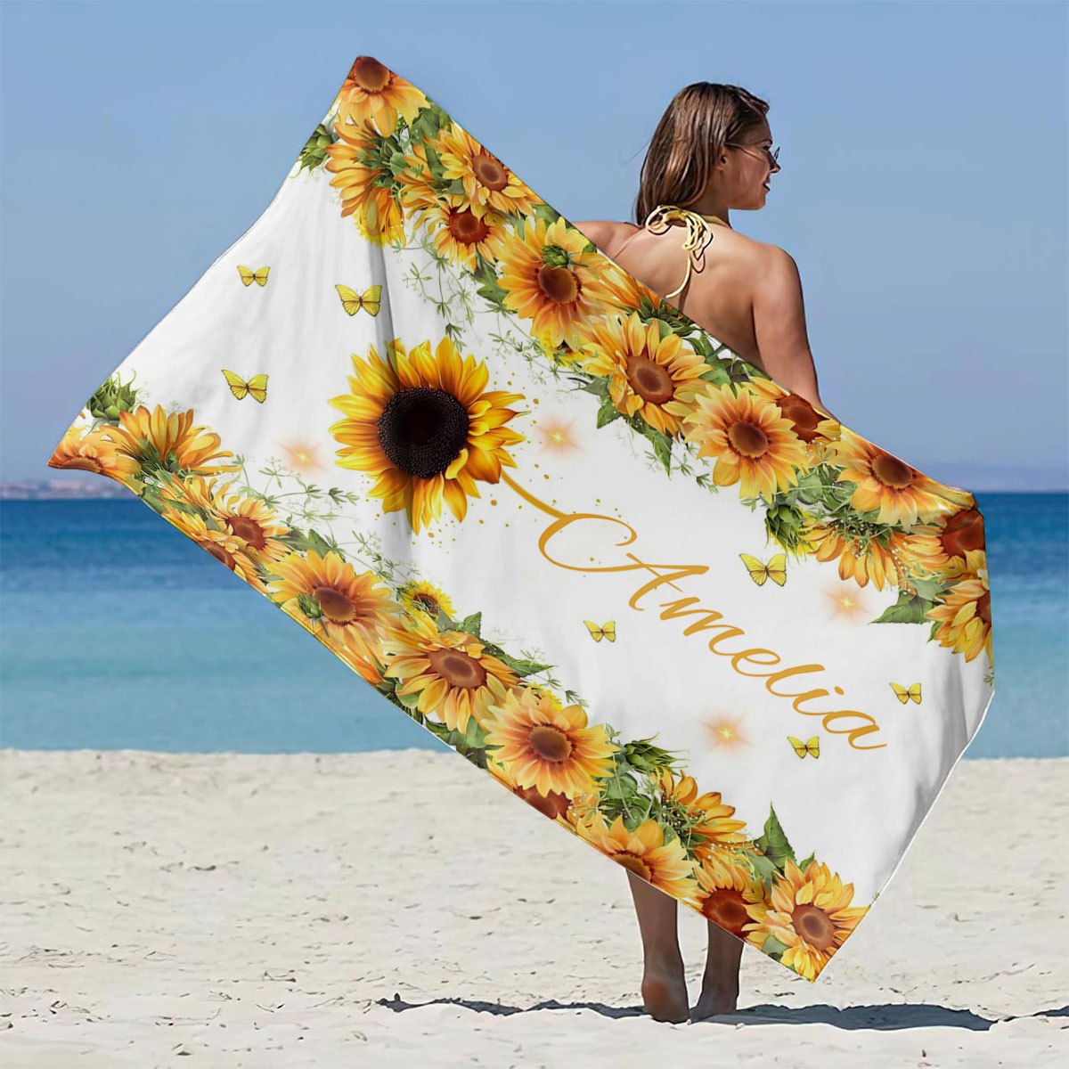 TEMU 1pc Of Vibrant Sunflower Patterned Beach Towel, Customizable With A Personalized Name. Extra Large Beach Towel Available In Multiple Sizes,