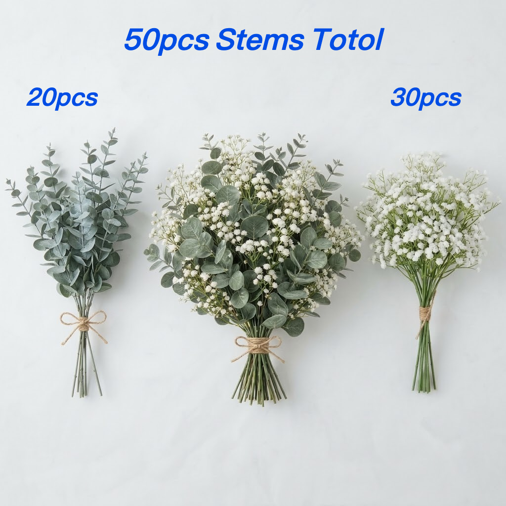 TEMU 50pcs Feuilles d'Eucalyptus et Bouquet Artificiel 'S Breath, Ensemble de Combinaison de Fleurs Artificielles, Tiges de Feuillage Vert Réalistes,