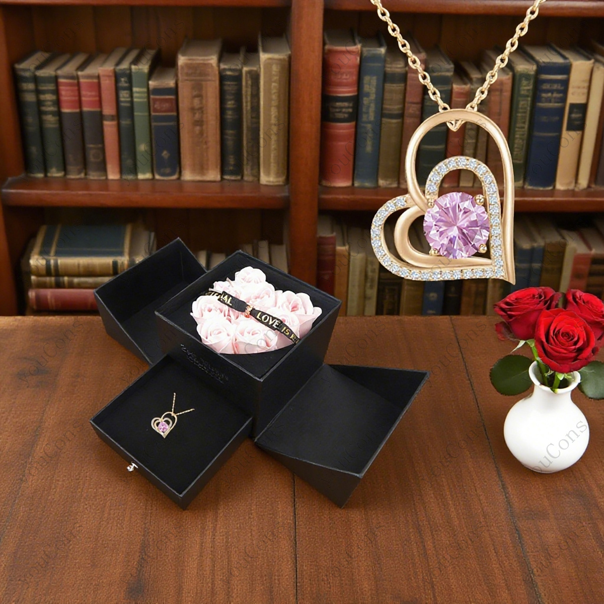 Women's Romantic Pink Synthetic Zirconia Heart-Shaped Pendant Necklace