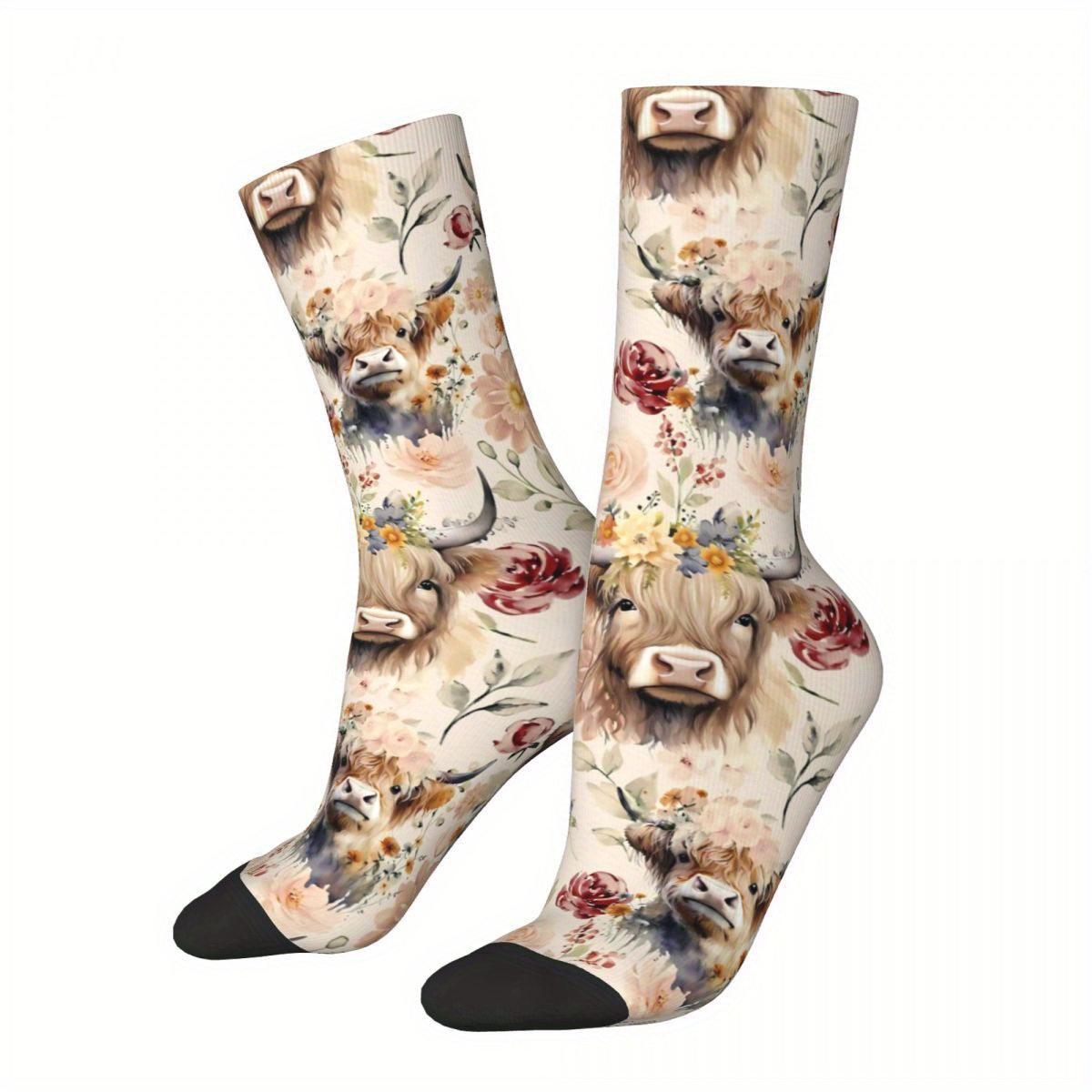 

1 Pair Unisex Novelty Crew Socks, Highland Cow & Floral Print, Knitted Polyester & Spandex , Machine Washable, Hip-hop Fashion Socks For Men And Women