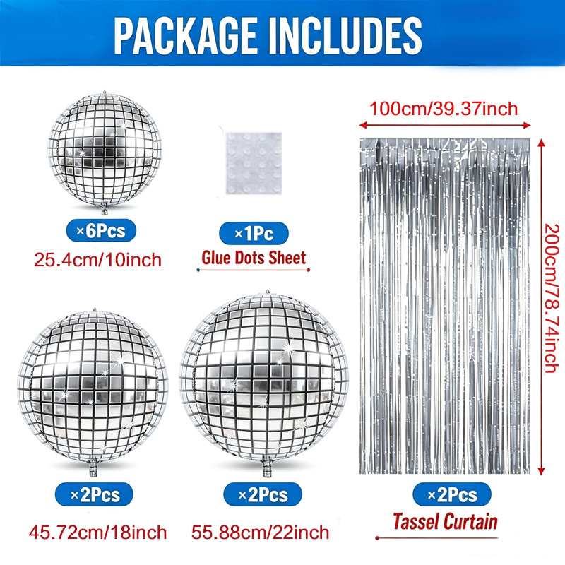 Image of Silvery Disco Ball Balloons, Shiny Disco Foil Balloons And Streamer Set, Suitable For Disco Party Decorations, New Year, Prom, Christmas, Bachelorette, And Birthday Decorations