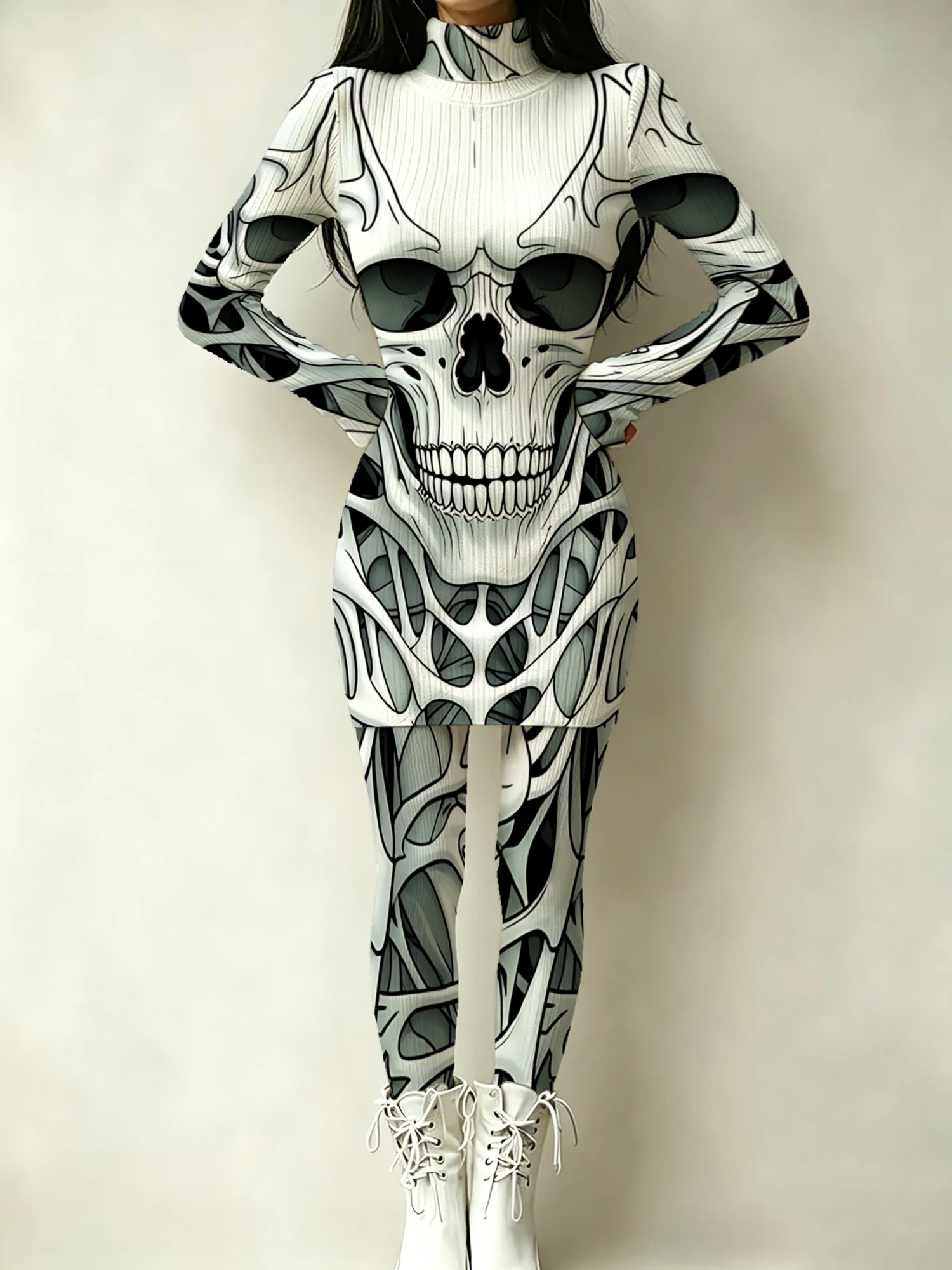 womens dress set monochrome skull with intricate lacy web skeletal pattern   daily wear and party outfit