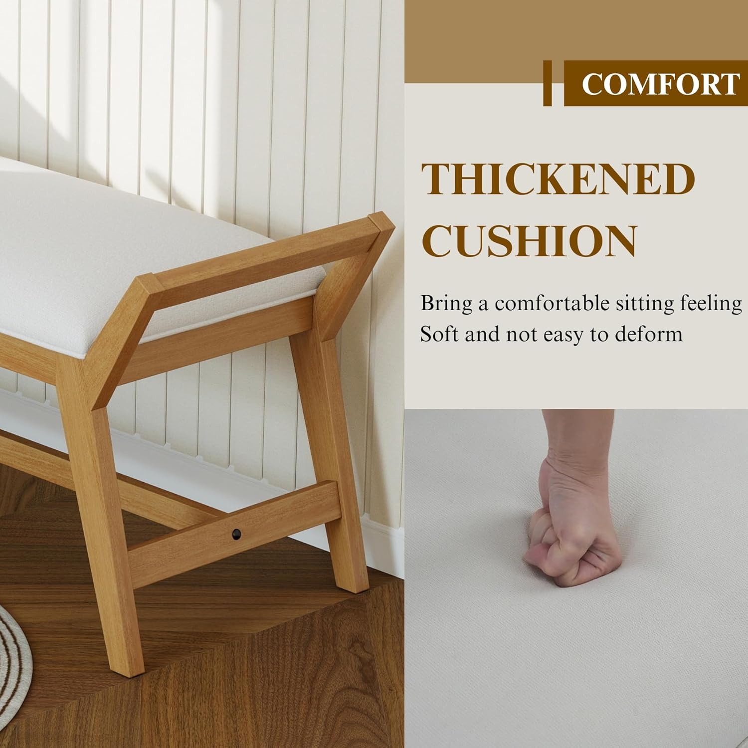 1pc 51Inch End of Bed Bench | Solid Wood Frame, Fabric Upholstered Ottoman Bench for Entryway, Bedroom, Hallway, Living Room, Modern Style