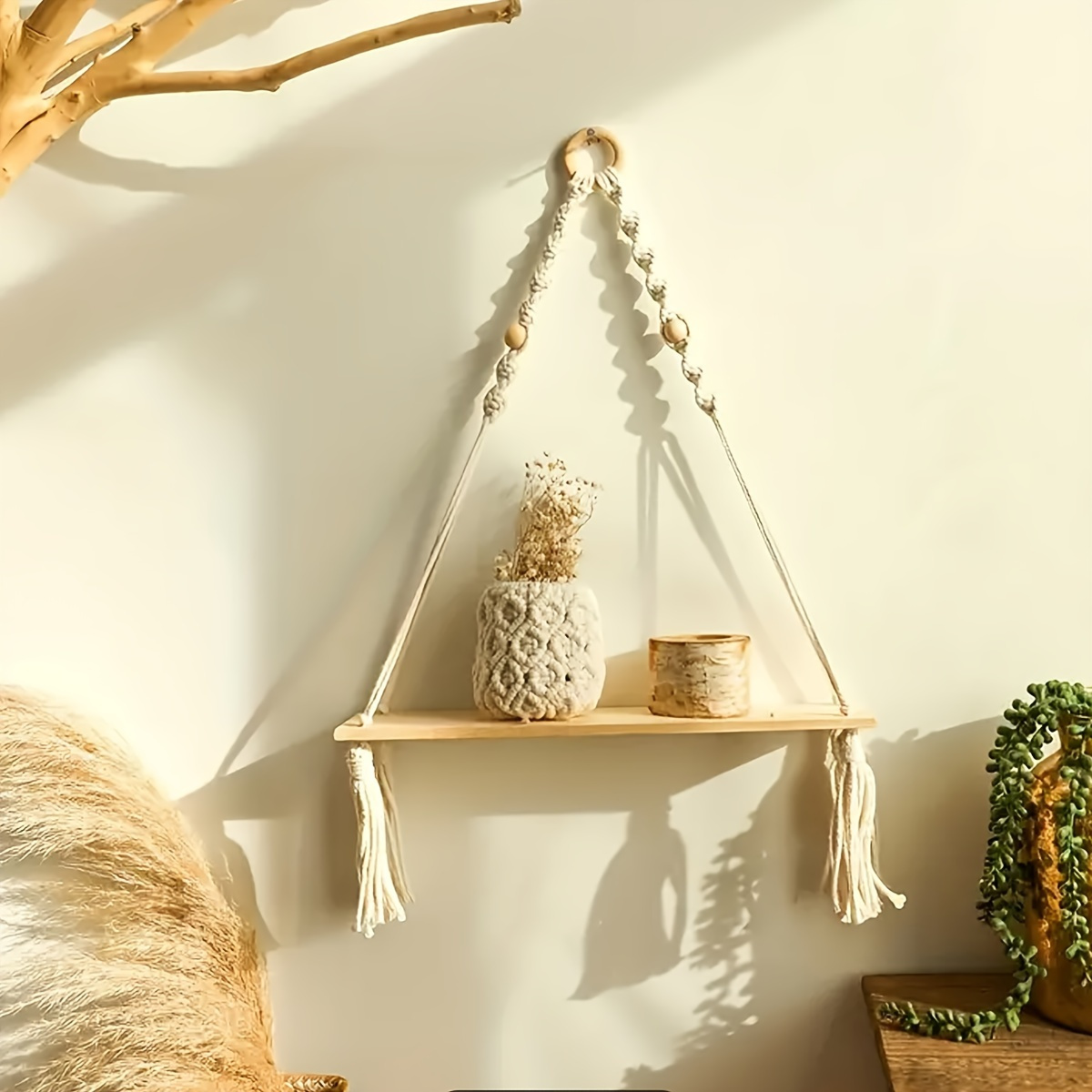 Image of Revamp With A Boho Hanger! Unique Hanging Wooden Plant Suspended Cord Rack For Aesthetic Room Decor - A Musthave For Home, Kitchen & Bathroom, Floating Shelves