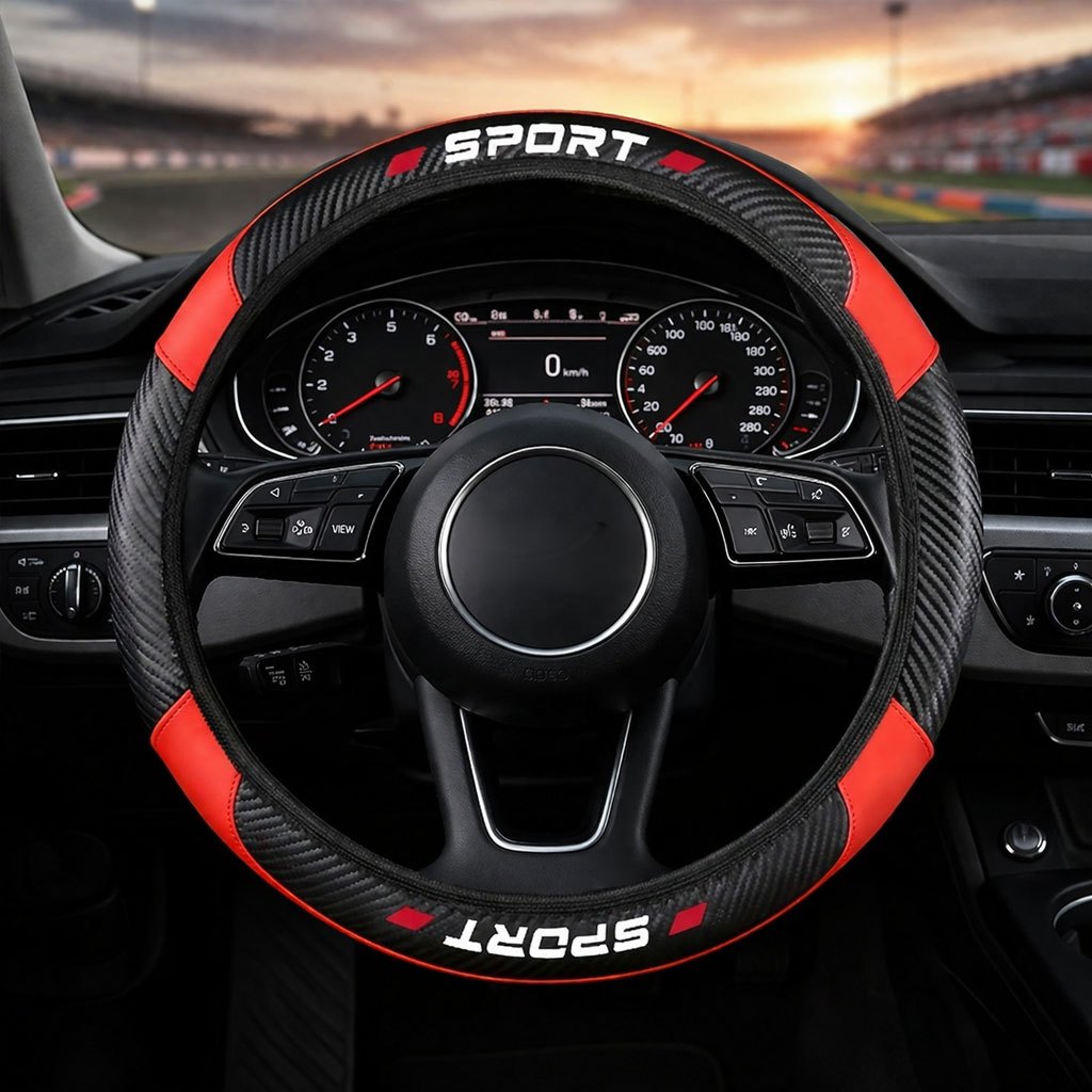 TEMU 1pc Car Steering Wheel Cover Compatible For All Vehicles, Carbon Fiber & Pu Leather Splicing Wheel With Sport Lettering, Suitable For All- Use,