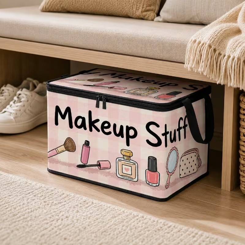 TEMU [1pc] Large Capacity Storage Box With Makeup Pattern | Foldable Storage Box | Lightweight And Easy To Store With Handle | Suitable For Room