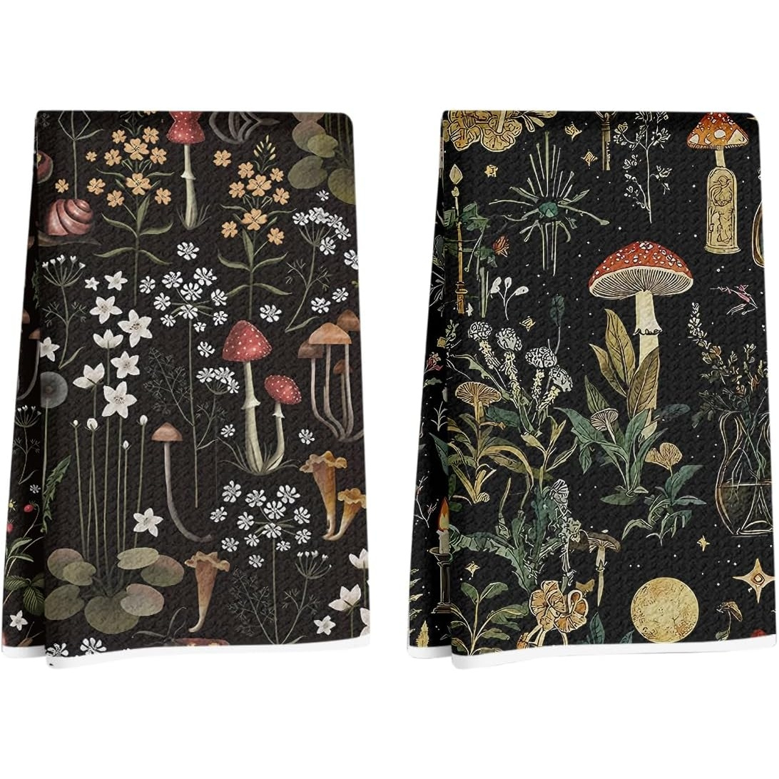 TEMU 2pcs Black Mushroom Kitchen Towels 18x26inch, Gothic Gifts Reusable Dish Towels For Kitchen Bathroom Decor, Waffle Weave Microfiber Absorbent
