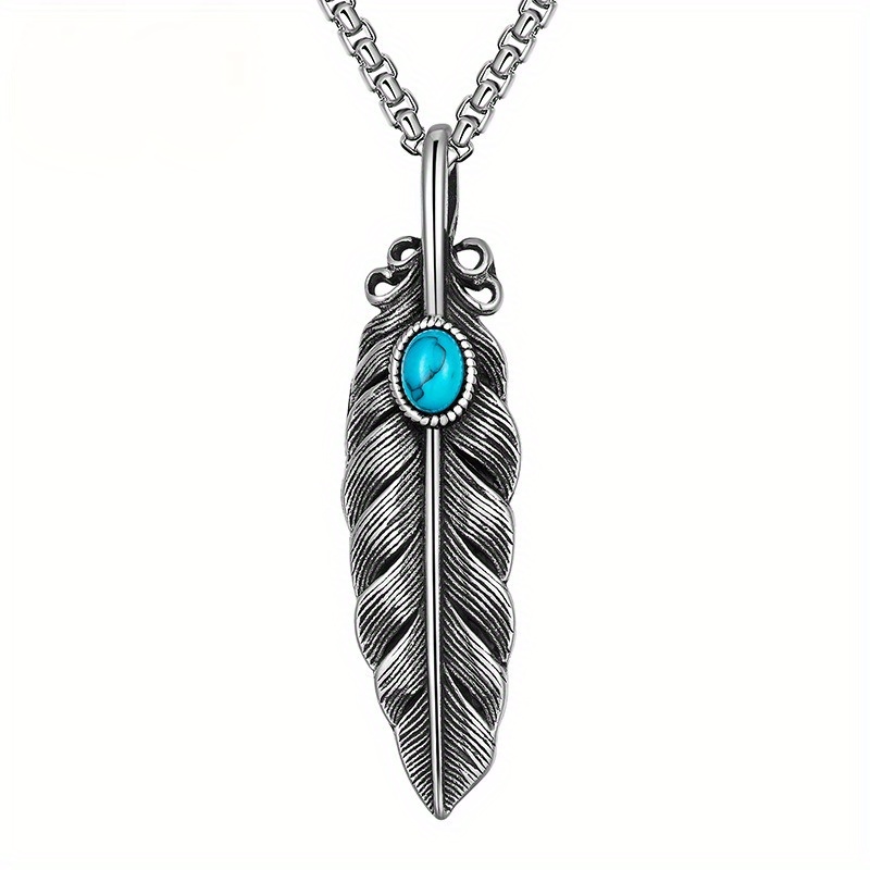 TEMU A Popular Vintage Accessory Featuring A Feather And Leaf Design, Inlaid With Synthetic Turquoise, Made Of Titanium Steel That Fade, Suitable For