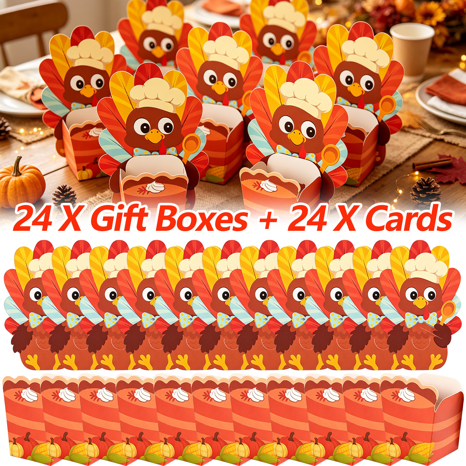 TEMU Cadeau pour Elle/Lui 48pcs Boîtes à Friandises DIY pour Thanksgiving avec 24 Boîtes Cadeaux Citrouille & Cartes , Convient pour Centres de Table