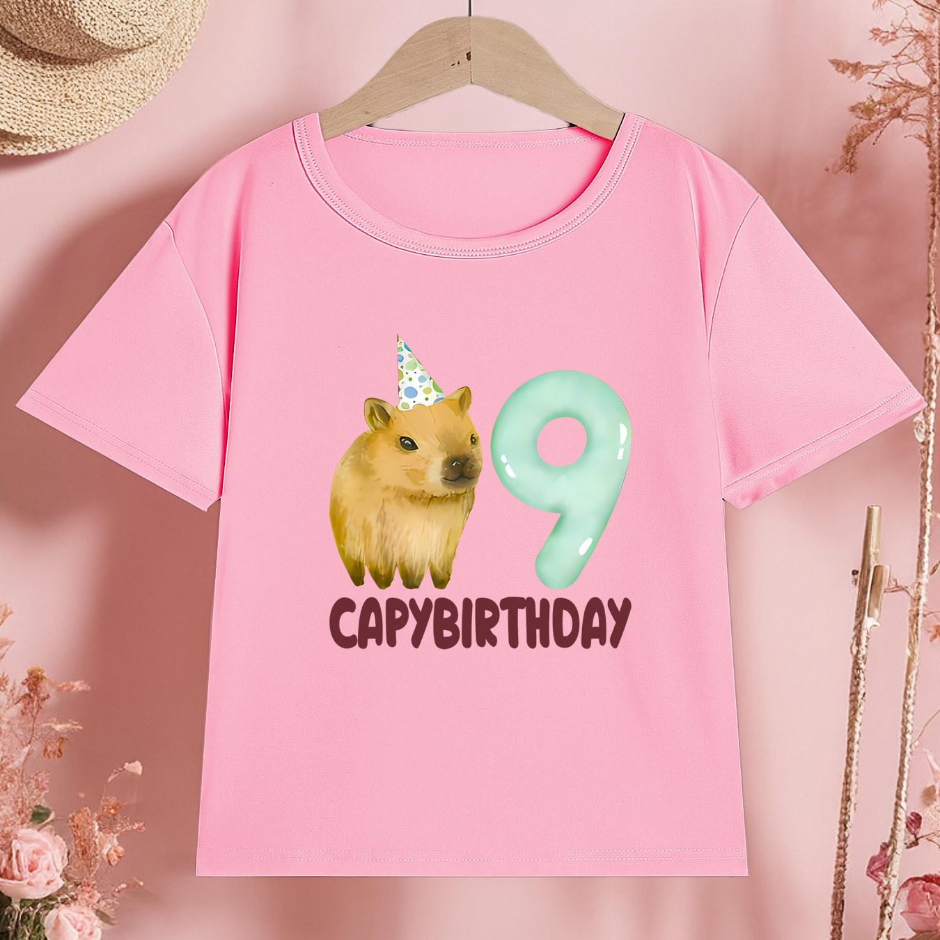 

Happy 9th Birthday Capybara Print T-shirt - Comfy & Stylish ' Round Neck Short Sleeve, School, Outdoor Activities & Family Gifts, Machine Washable, Polyester/spandex