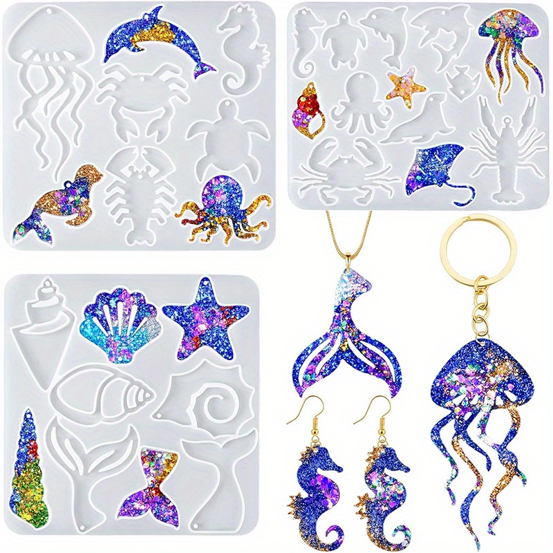 Image of 3pcs Ocean-themed Silicone Molds For Resin Earrings – Jewelry Making Supplies Featuring Jellyfish, Shell & Starfish Designs For Earrings, Keychains & Pendants