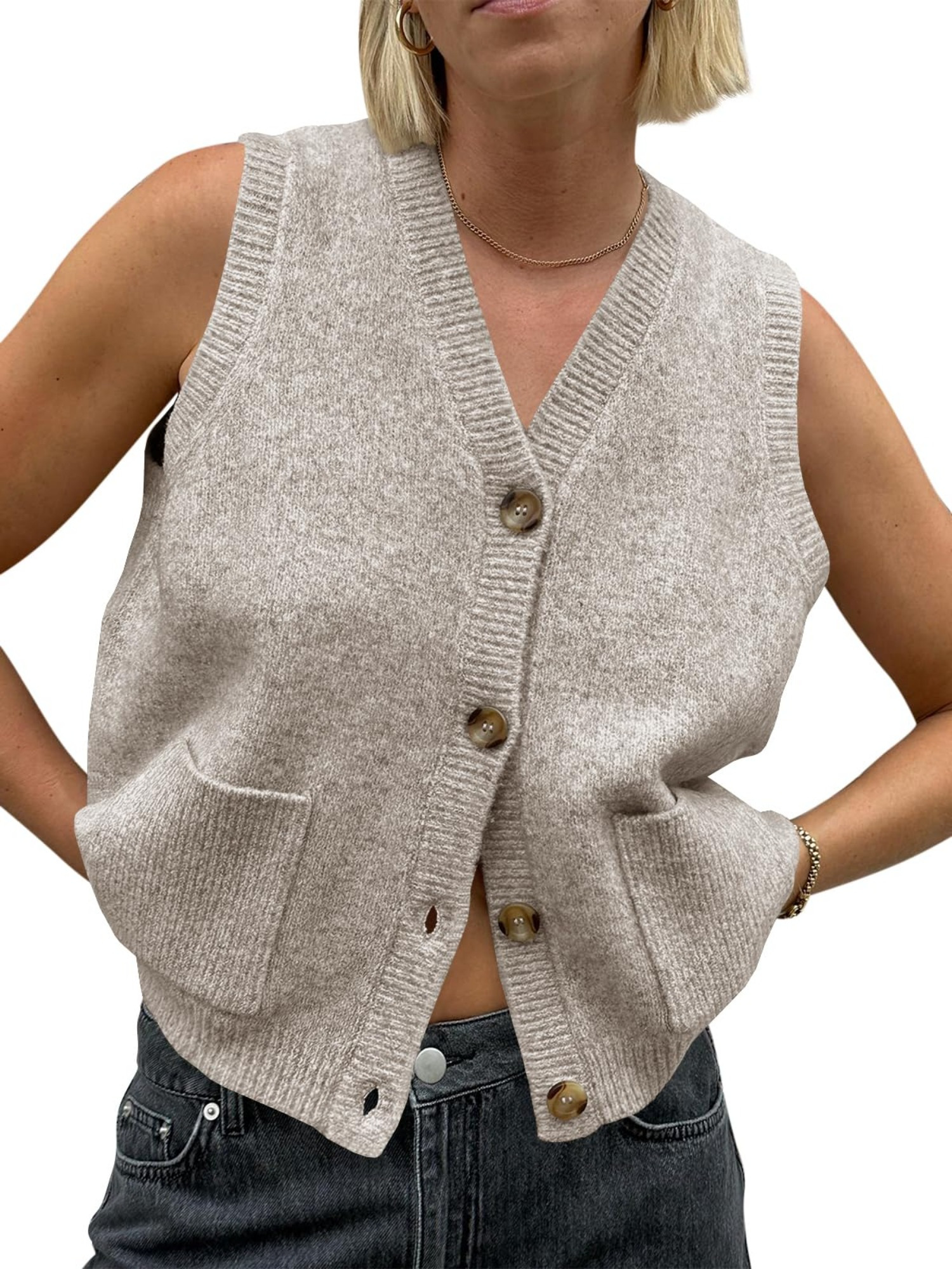 Simlakey 3 Pack Women's Sleeveless Knit Tank Tops - Crew Neck Summer Vests, Loose Fit Tunic In Beige, Black, Coffee Grey