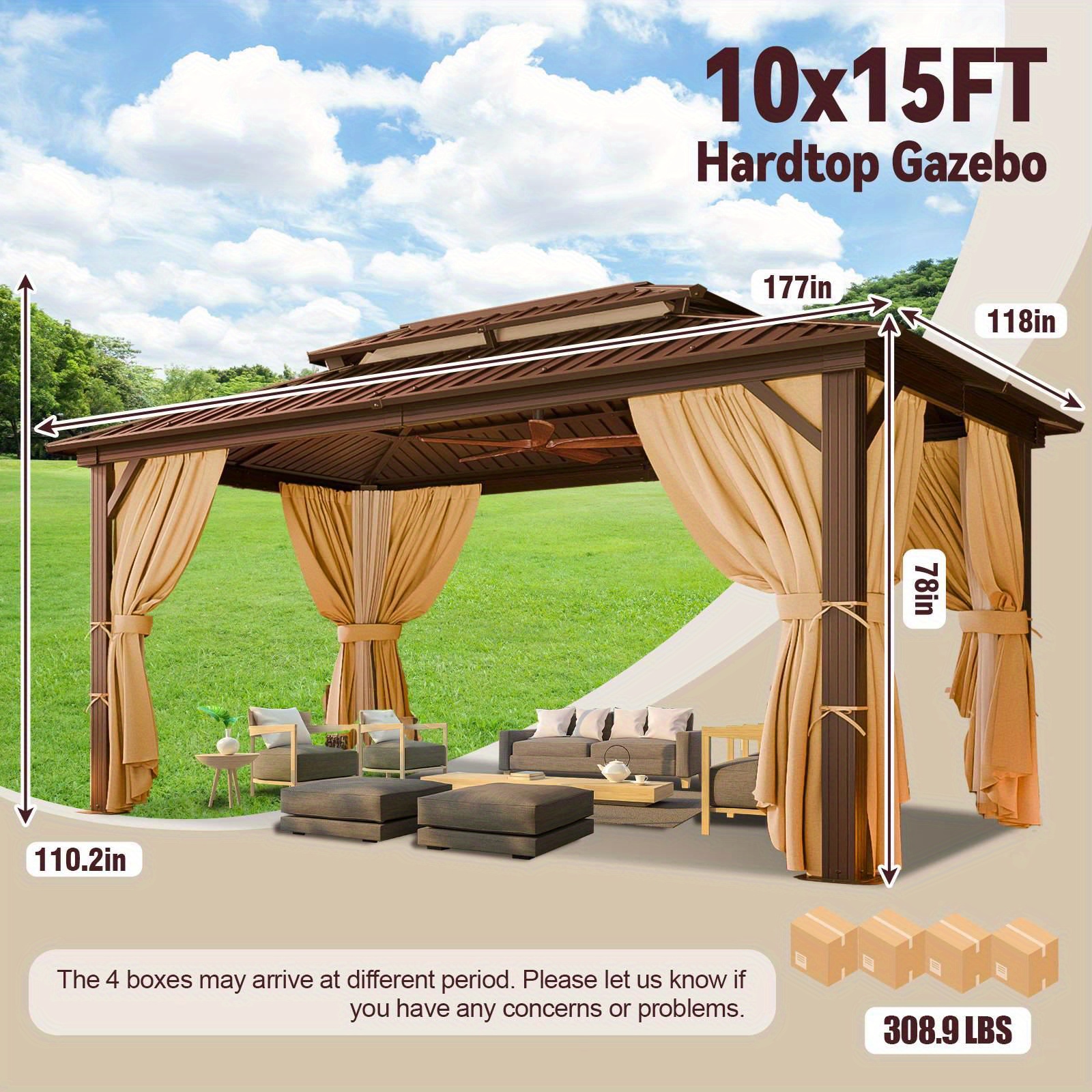 10x15ft heavy duty hard roofed   outdoor   for patios and backyards heavy duty   with aluminum frames   with galvanized steel double roofs flame retardant curtains and mesh thicken frames sturdy and durable Product details 2