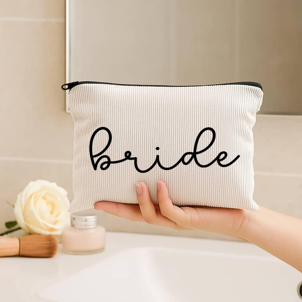 Image of Corduroy Bride Design Makeup Bag, Cosmetic Storage Pouch, Portable Travel Toiletry Bag, Bride Gift, Bachelorette Party, Bridal Wedding Accessories For Women