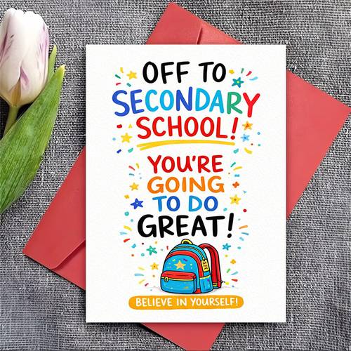 one envelope greeting card middle school graduation card with inspirational message featuring of and a backpack a good luck card for day of school suitable for gifting by parents family or teachers