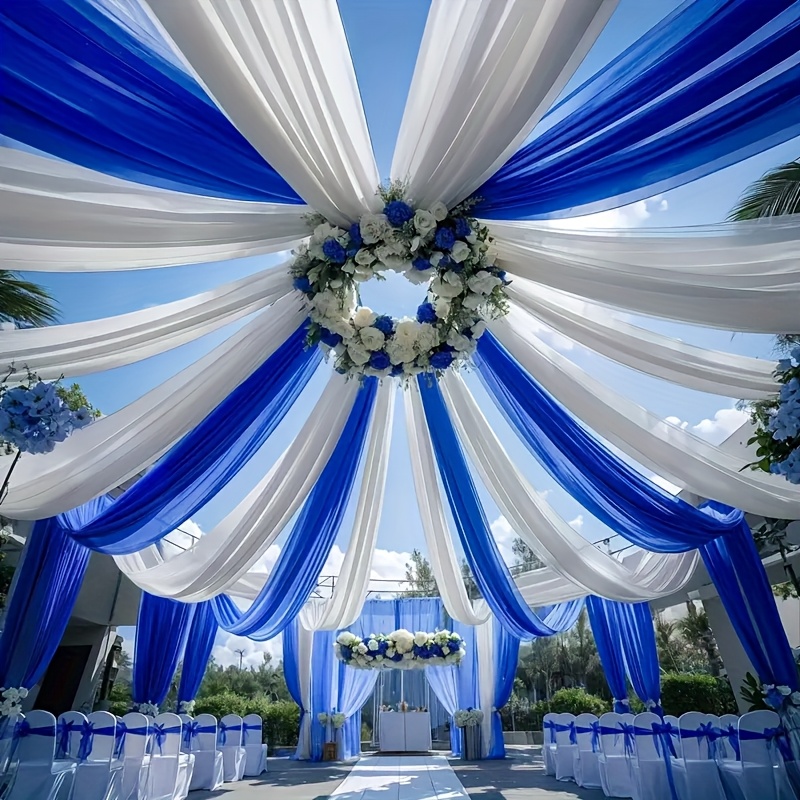 Image of 2pcs Royal Blue White Tulle, Size 29.9 X 394.4 Inches, Suitable For Wedding Arch Decoration, Ceremony Background Setup, Ceiling Drapes, And Party Decoration Fabric, Used As A Photography Prop