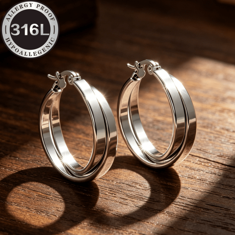 TEMU A Pair Of 316l Premium Hypoallergenic Stainless Steel Cross-wired Interlocking Circular Earrings. Simple And Elegant, Fashionable Women's