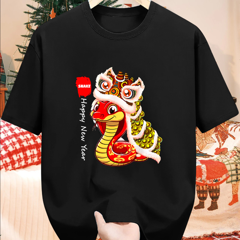 

Men's Casual Graphic T-shirt - Happy New Year Dragon Print, Navy Blue, Short Sleeve, Round Neck, Lightweight Polyester, Summer Wear, Holiday Design, Dragon T Shirt