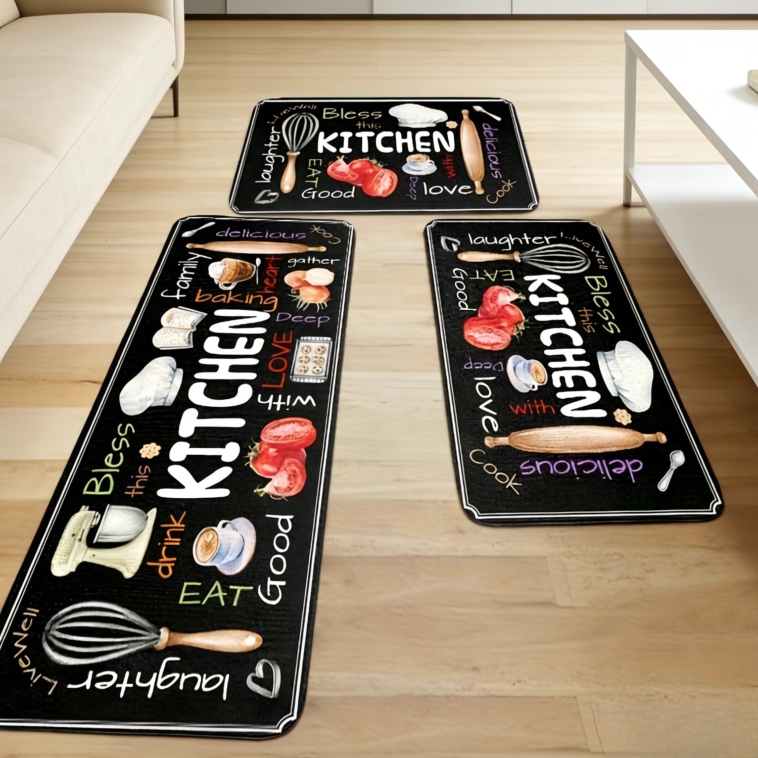 TEMU 3pcs Set Of Kitchen Floor Mats, Designed With Colorful Fonts And Tableware, Rugs, Soft And Comfortable, Easy To Clean, Suitable For Kitchen,