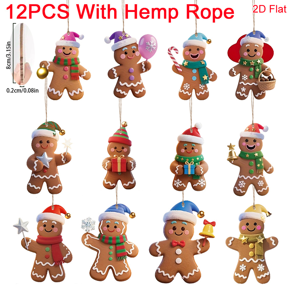 TEMU 12pcs 8cm Height 2d Flat Christmas Gingerbread Man Ornaments, Colored, Suitable For Holiday Decorations, Christmas Tree Pendants, Garden Tree