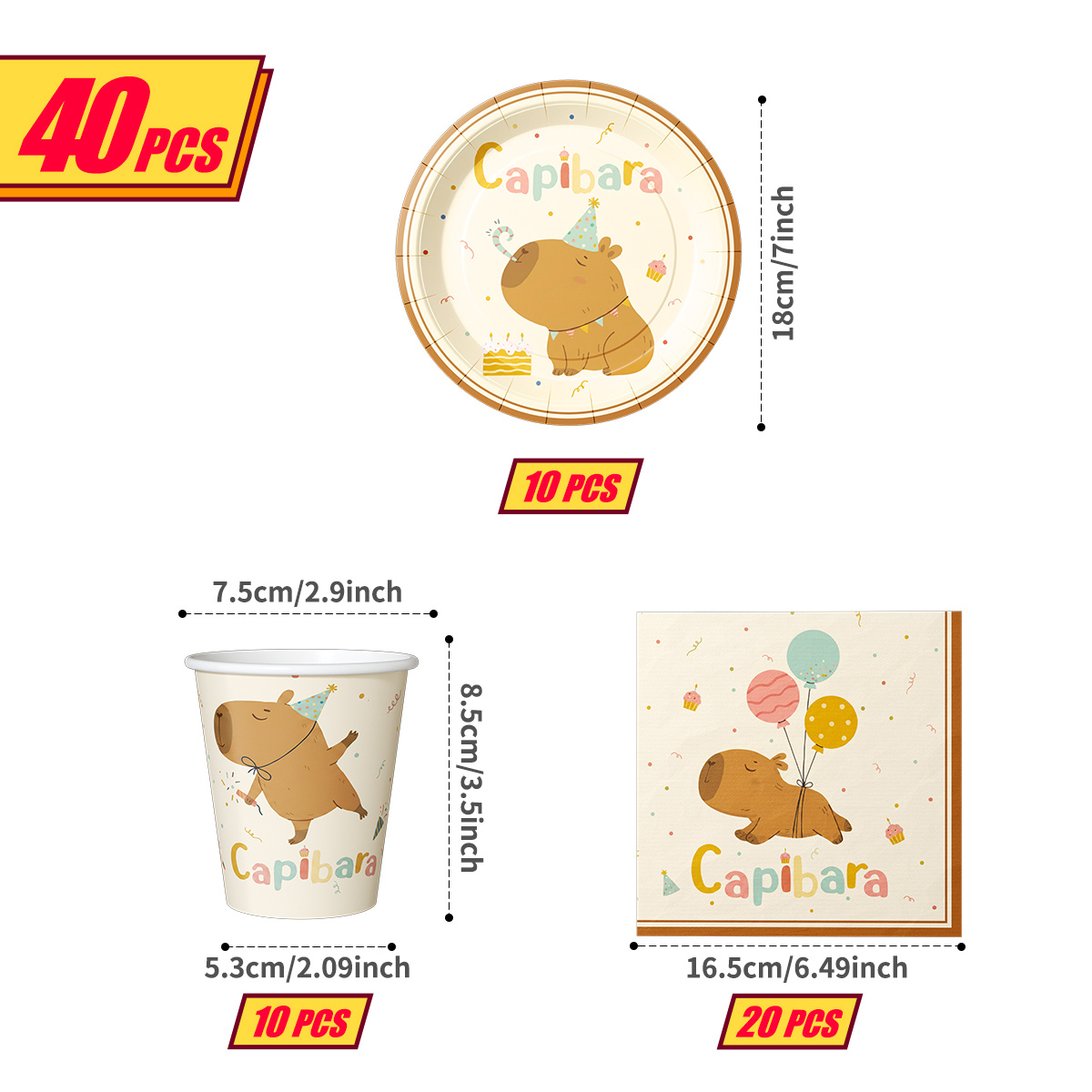 TEMU 40pcs, Cartoon Balloon Capybara Birthday Theme Party Supplies Set, Including 10pcs Paper Plates And 10pcs Paper Cups And 20pcs Napkins, Suitable
